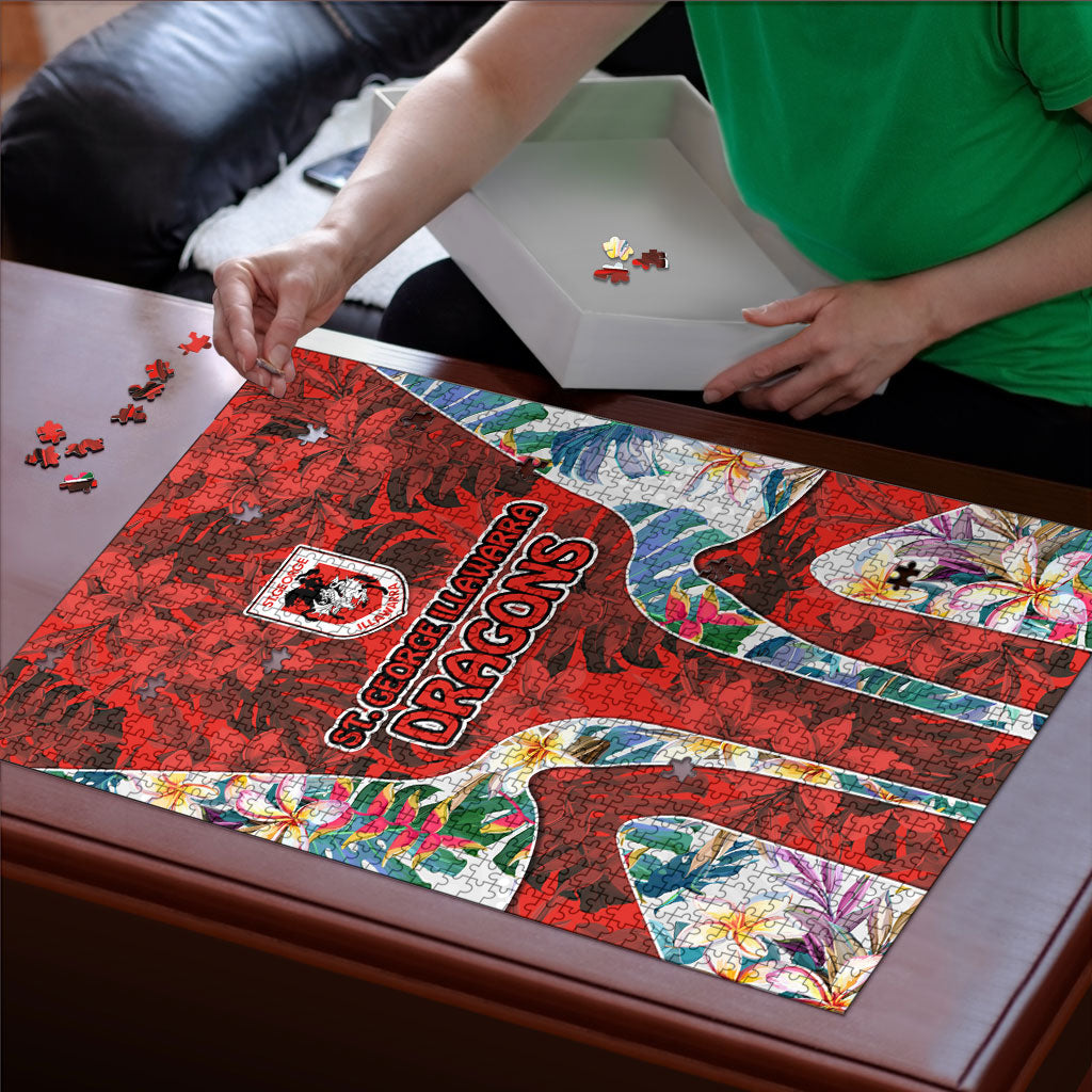 St George Illawarra Dragons Puzzle Tropical Hibiscus Floral Pattern With Red And White Accents