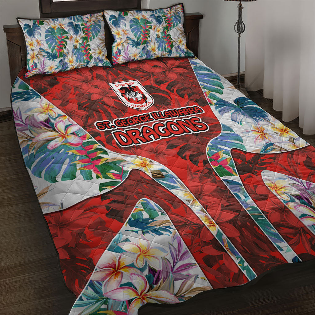 St George Illawarra Dragons Quilt Bed Set Tropical Hibiscus Floral Pattern With Red And White Accents
