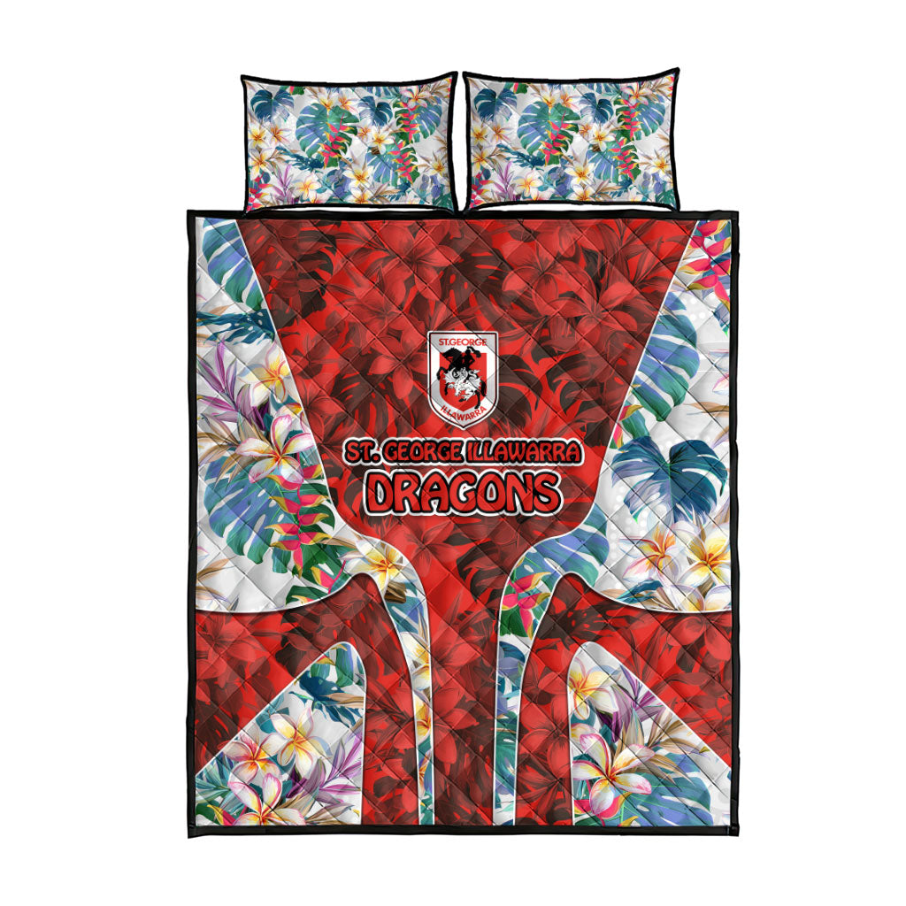 St George Illawarra Dragons Quilt Bed Set Tropical Hibiscus Floral Pattern With Red And White Accents