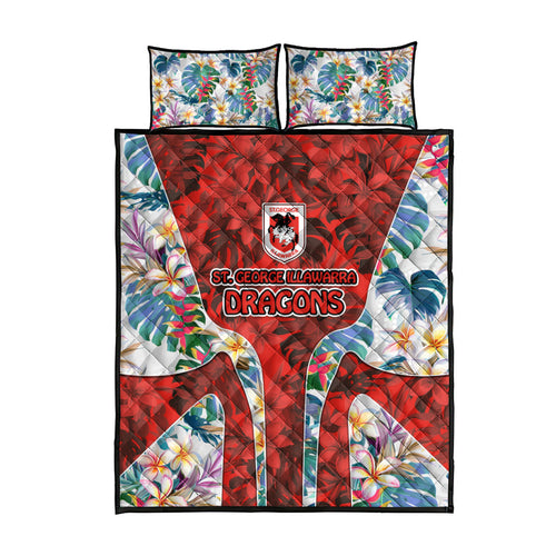 St George Illawarra Dragons Quilt Bed Set Tropical Hibiscus Floral Pattern With Red And White Accents
