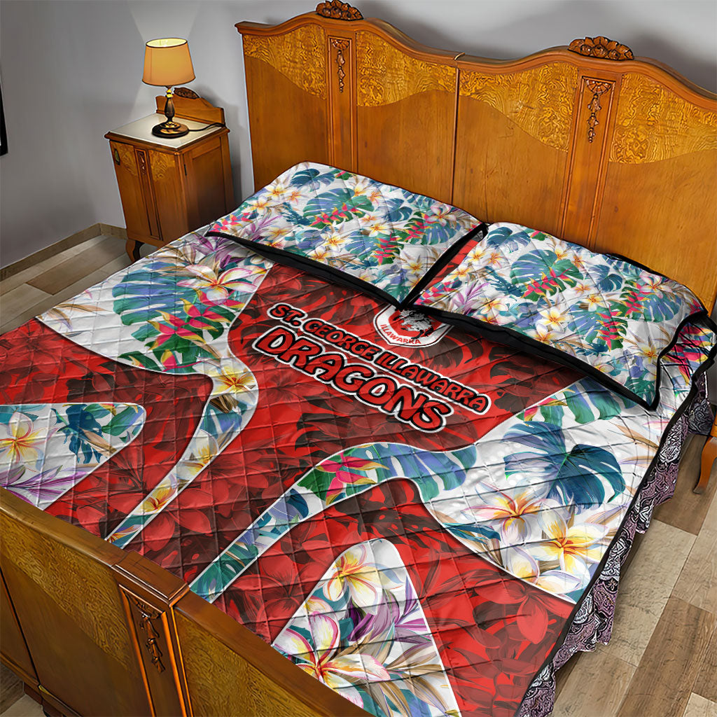 St George Illawarra Dragons Quilt Bed Set Tropical Hibiscus Floral Pattern With Red And White Accents