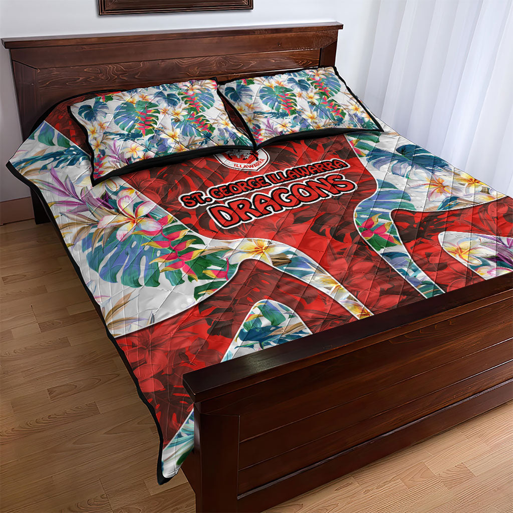 St George Illawarra Dragons Quilt Bed Set Tropical Hibiscus Floral Pattern With Red And White Accents