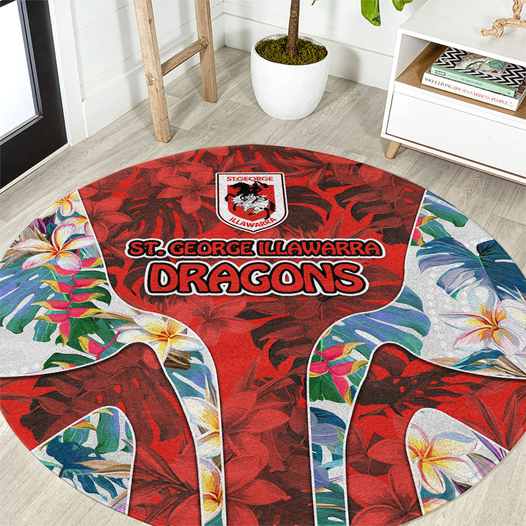 St George Illawarra Dragons Round Carpet Tropical Hibiscus Floral Pattern With Red And White Accents