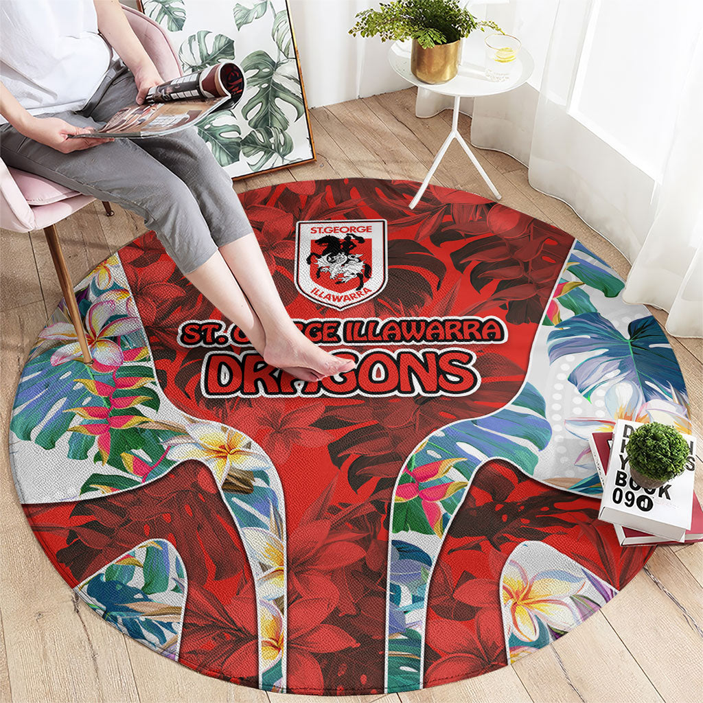 St George Illawarra Dragons Round Carpet Tropical Hibiscus Floral Pattern With Red And White Accents