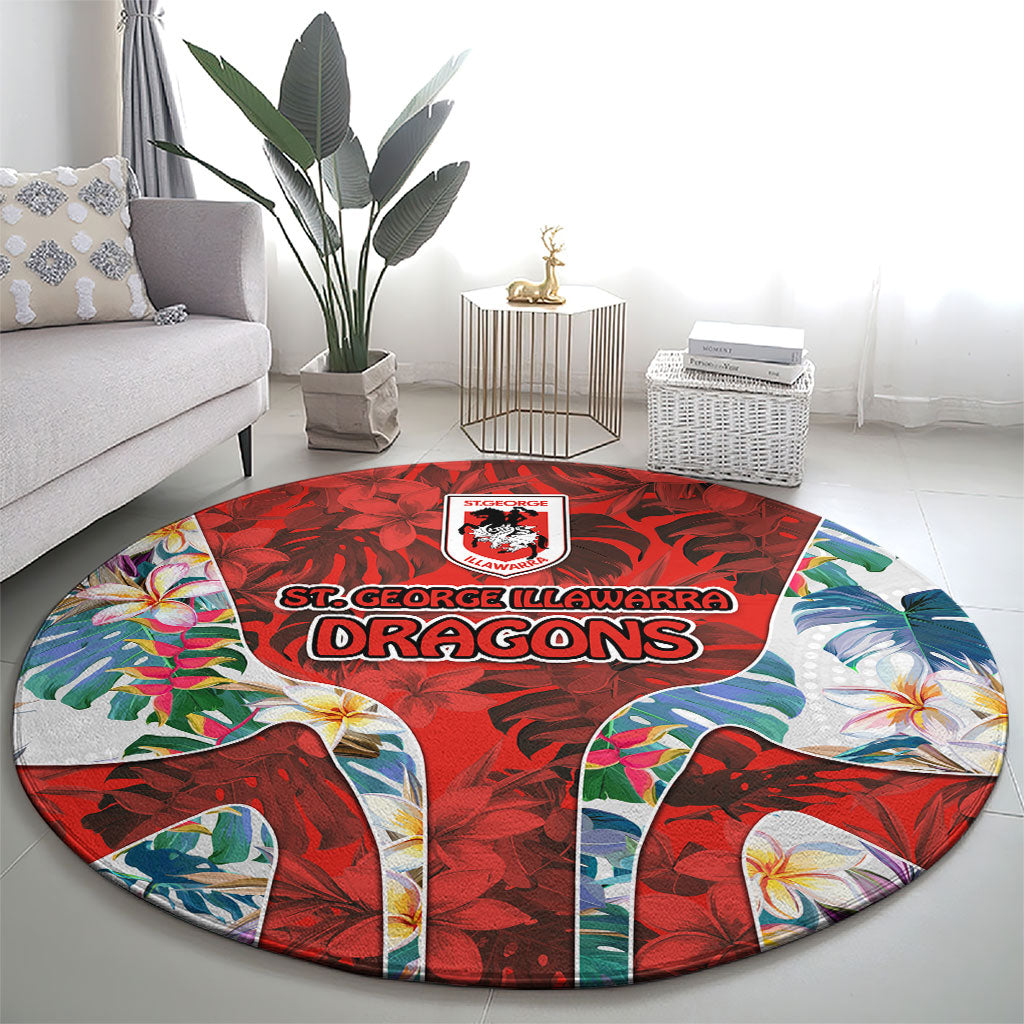 St George Illawarra Dragons Round Carpet Tropical Hibiscus Floral Pattern With Red And White Accents
