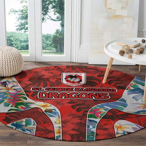 St George Illawarra Dragons Round Carpet Tropical Hibiscus Floral Pattern With Red And White Accents