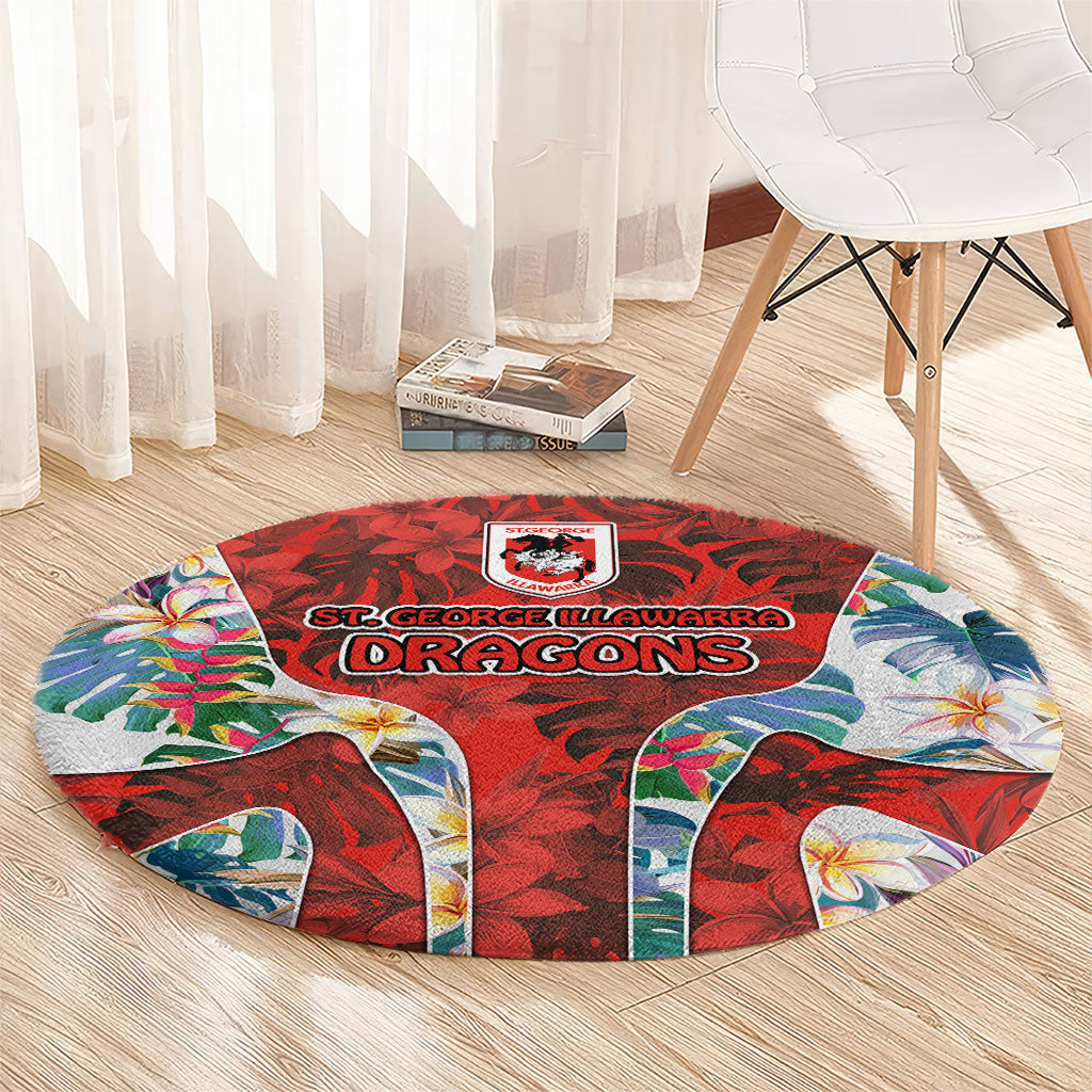 St George Illawarra Dragons Round Carpet Tropical Hibiscus Floral Pattern With Red And White Accents
