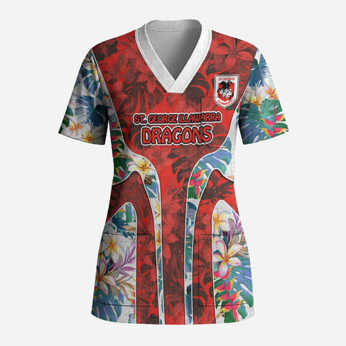 St George Illawarra Dragons Scrub Top Tropical Hibiscus Floral Pattern With Red And White Accents