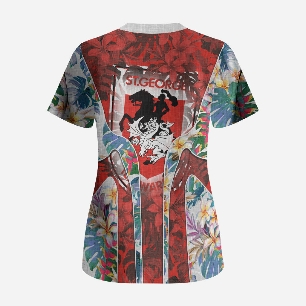 St George Illawarra Dragons Scrub Top Tropical Hibiscus Floral Pattern With Red And White Accents
