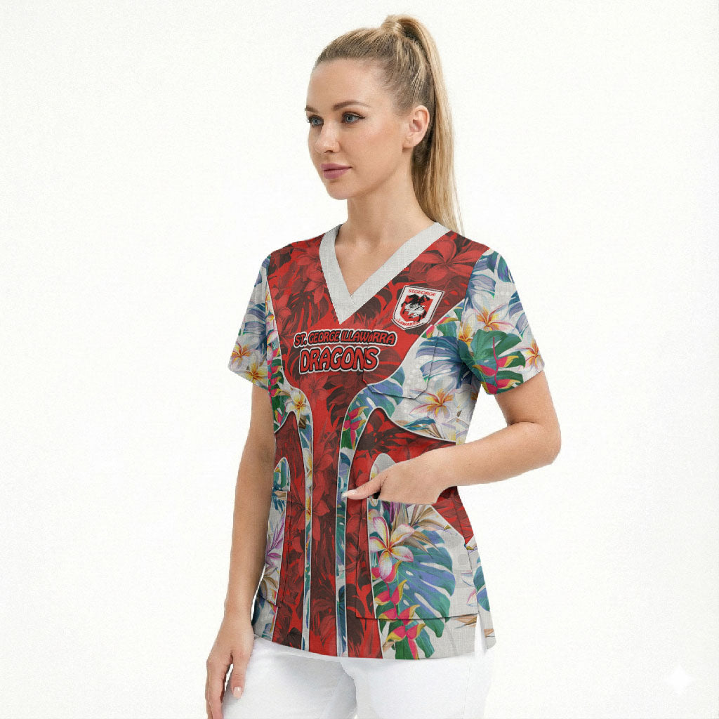 St George Illawarra Dragons Scrub Top Tropical Hibiscus Floral Pattern With Red And White Accents