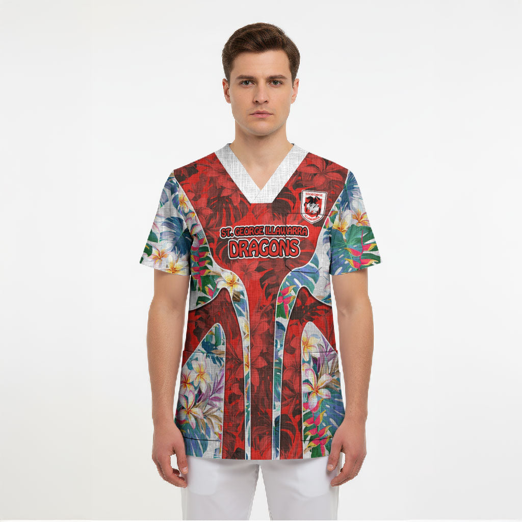 St George Illawarra Dragons Scrub Top Tropical Hibiscus Floral Pattern With Red And White Accents