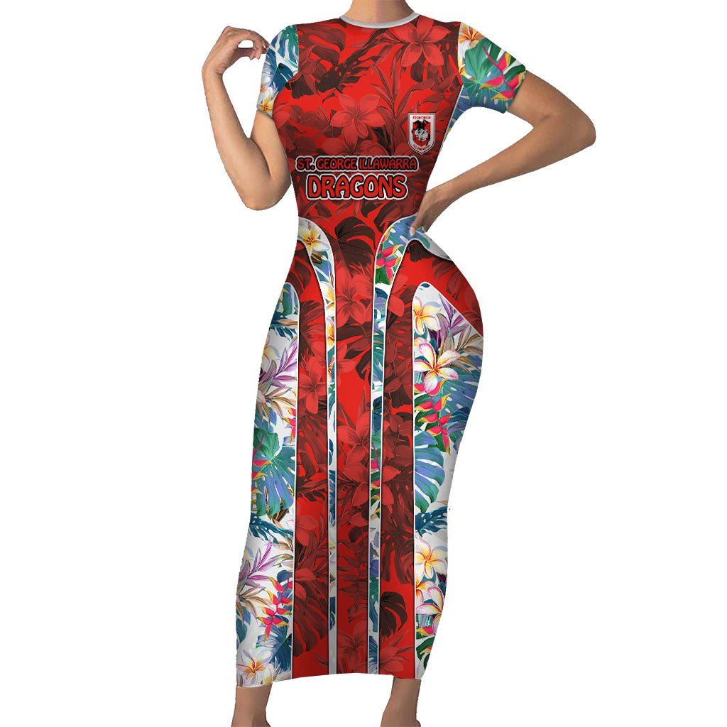 St George Illawarra Dragons Short Sleeve Bodycon Dress Tropical Hibiscus Floral Pattern With Red And White Accents