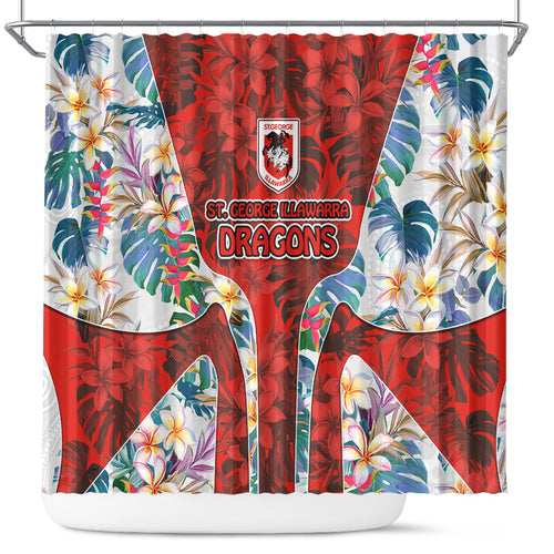 St George Illawarra Dragons Shower Curtain Tropical Hibiscus Floral Pattern With Red And White Accents