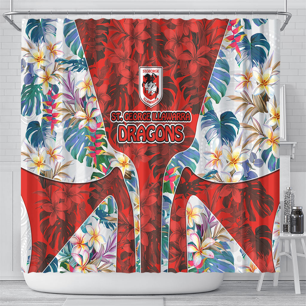 St George Illawarra Dragons Shower Curtain Tropical Hibiscus Floral Pattern With Red And White Accents
