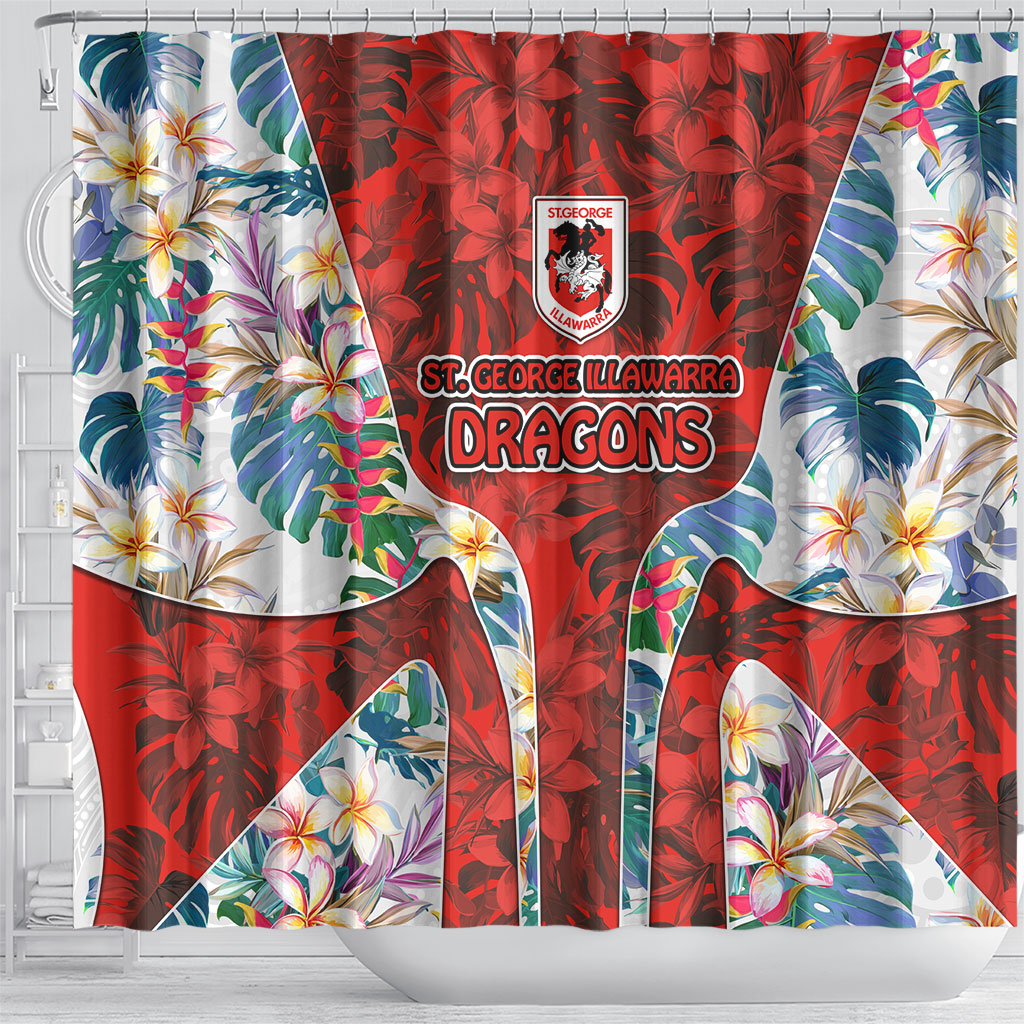 St George Illawarra Dragons Shower Curtain Tropical Hibiscus Floral Pattern With Red And White Accents