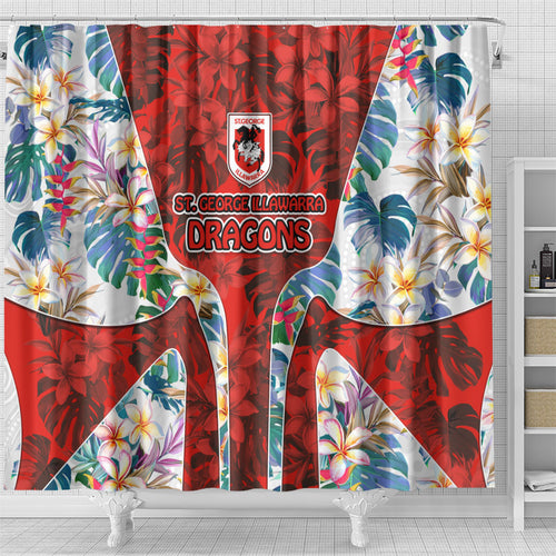 St George Illawarra Dragons Shower Curtain Tropical Hibiscus Floral Pattern With Red And White Accents