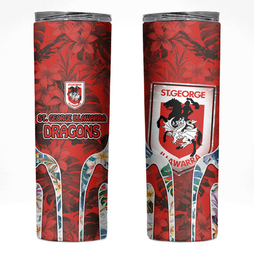 St George Illawarra Dragons Skinny Tumbler Tropical Hibiscus Floral Pattern With Red And White Accents