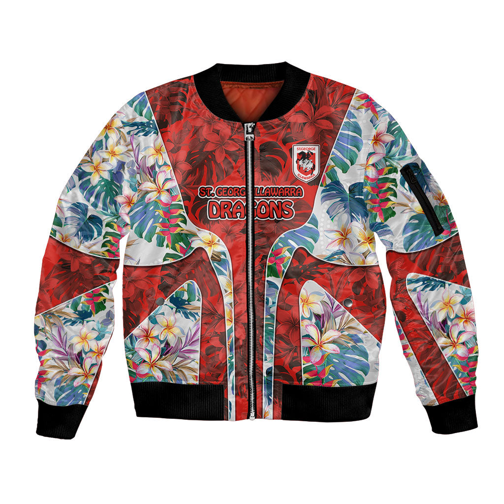 St George Illawarra Dragons Sleeve Zip Bomber Jacket Tropical Hibiscus Floral Pattern With Red And White Accents