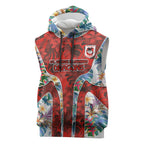 St George Illawarra Dragons Sleeveless Hoodie Tropical Hibiscus Floral Pattern With Red And White Accents