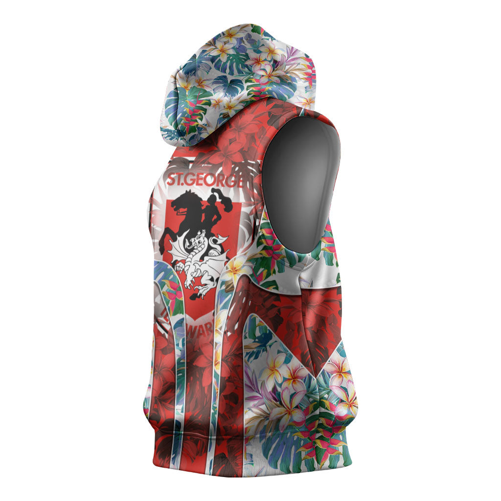 St George Illawarra Dragons Sleeveless Hoodie Tropical Hibiscus Floral Pattern With Red And White Accents