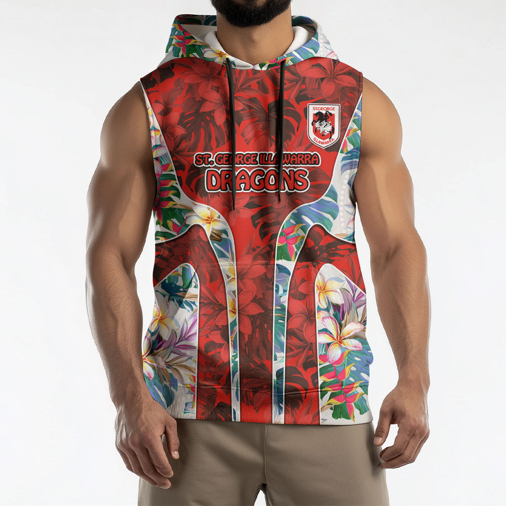 St George Illawarra Dragons Sleeveless Hoodie Tropical Hibiscus Floral Pattern With Red And White Accents