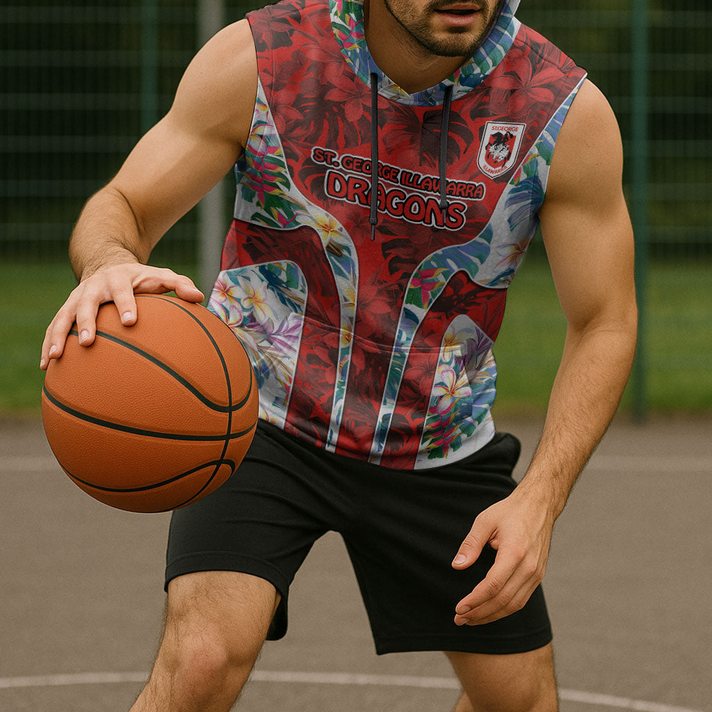 St George Illawarra Dragons Sleeveless Hoodie Tropical Hibiscus Floral Pattern With Red And White Accents