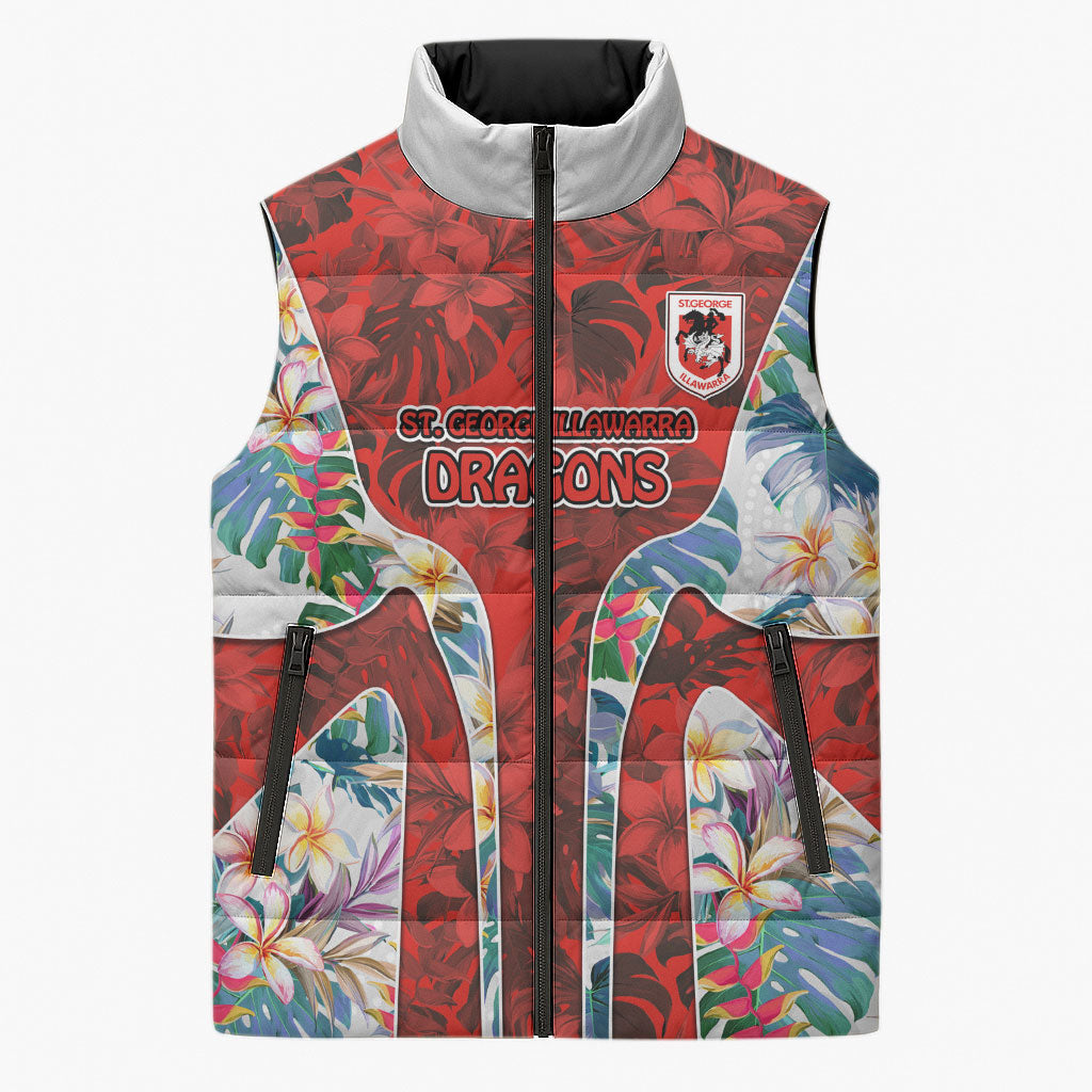 St George Illawarra Dragons Sleeveless Puffer Jacket Tropical Hibiscus Floral Pattern With Red And White Accents