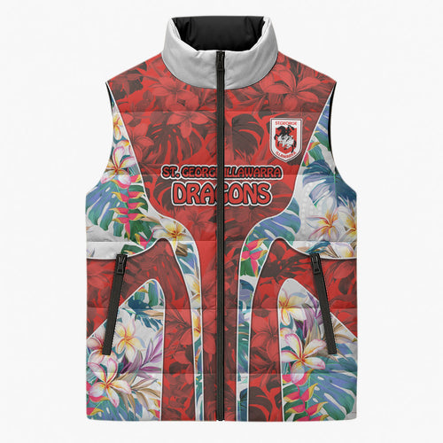 St George Illawarra Dragons Sleeveless Puffer Jacket Tropical Hibiscus Floral Pattern With Red And White Accents