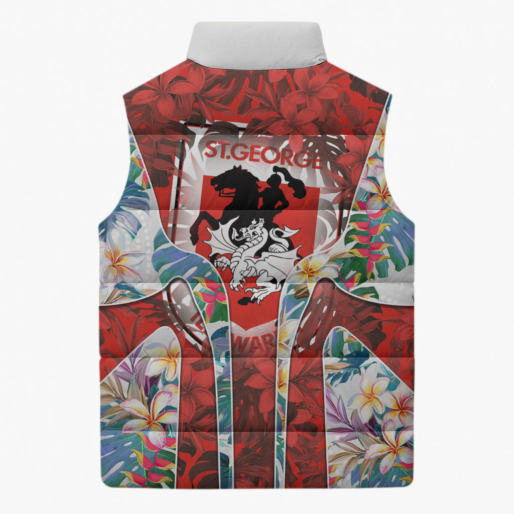 St George Illawarra Dragons Sleeveless Puffer Jacket Tropical Hibiscus Floral Pattern With Red And White Accents