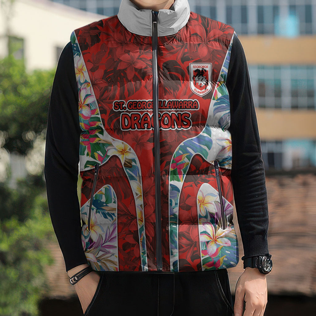 St George Illawarra Dragons Sleeveless Puffer Jacket Tropical Hibiscus Floral Pattern With Red And White Accents