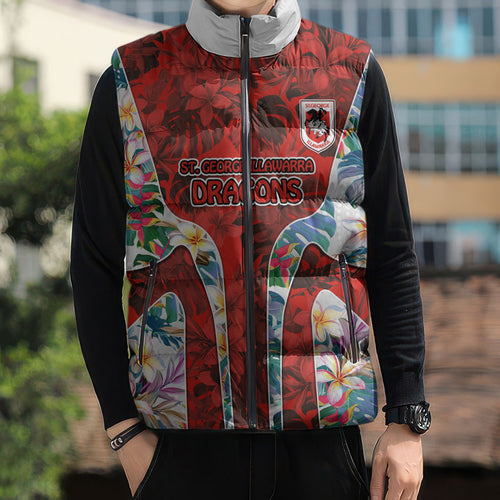 St George Illawarra Dragons Sleeveless Puffer Jacket Tropical Hibiscus Floral Pattern With Red And White Accents