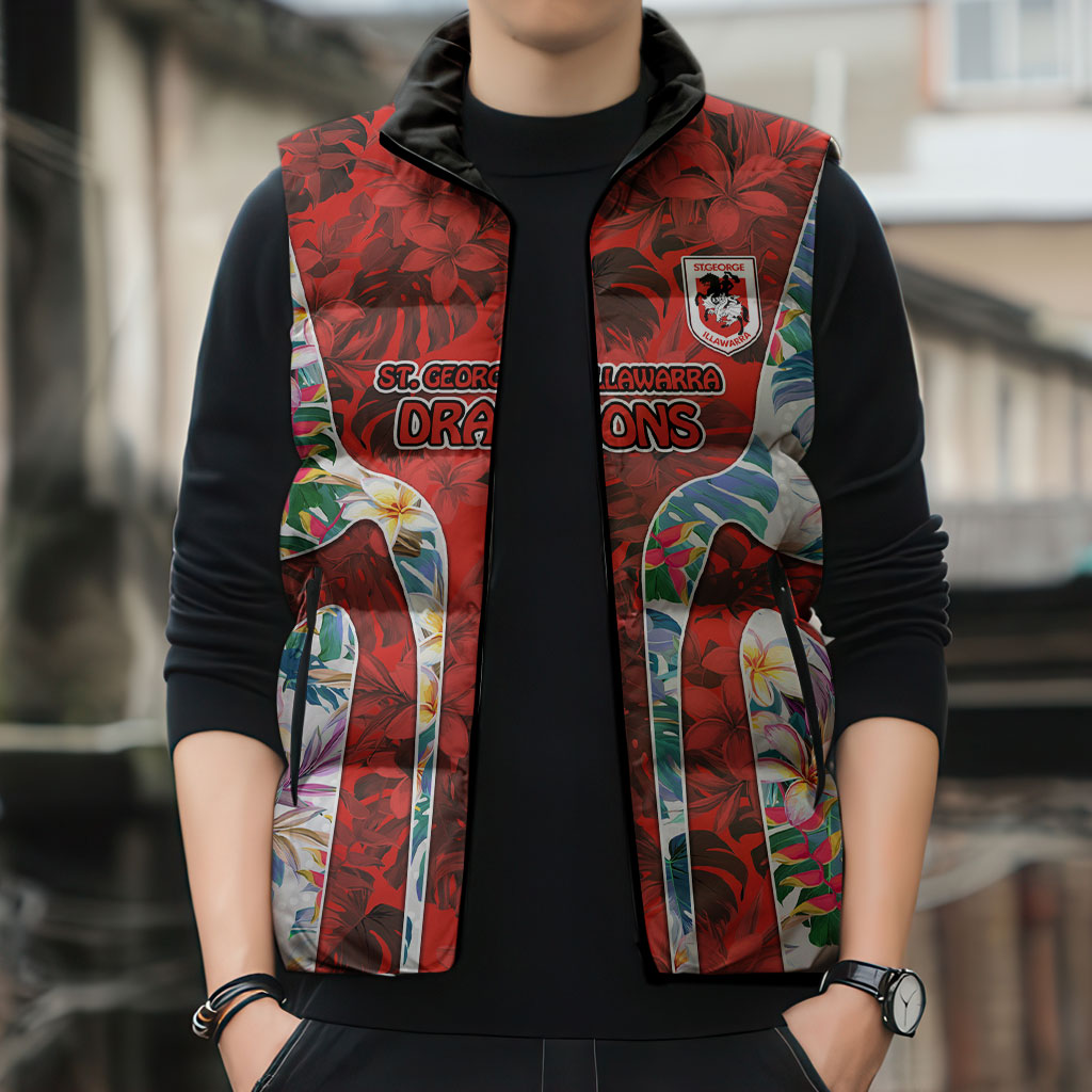 St George Illawarra Dragons Sleeveless Puffer Jacket Tropical Hibiscus Floral Pattern With Red And White Accents