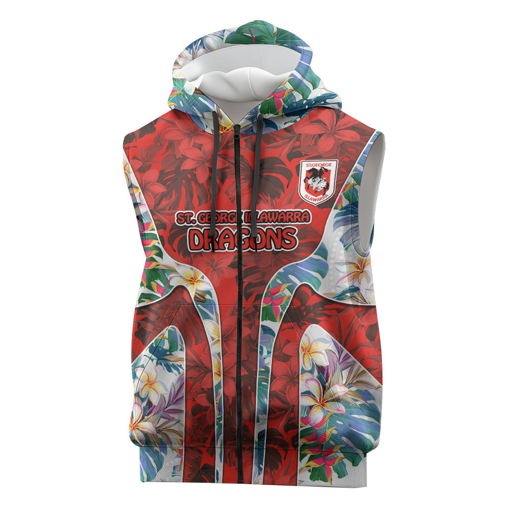 St George Illawarra Dragons Sleeveless Zip Hoodie Tropical Hibiscus Floral Pattern With Red And White Accents