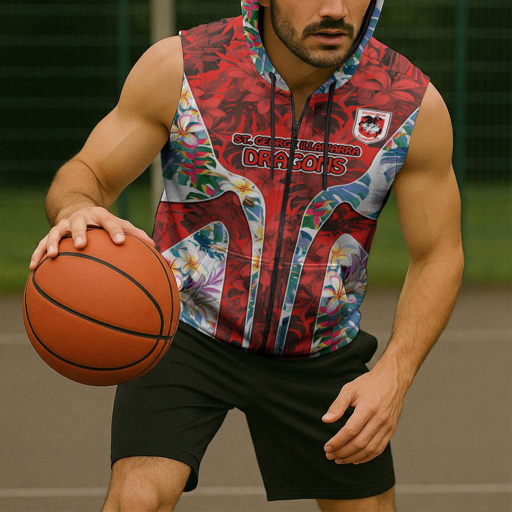 St George Illawarra Dragons Sleeveless Zip Hoodie Tropical Hibiscus Floral Pattern With Red And White Accents