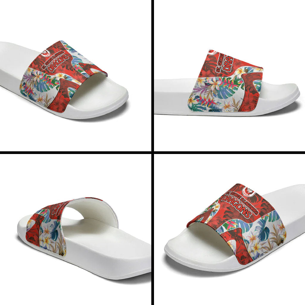 St George Illawarra Dragons Slide Sandals Tropical Hibiscus Floral Pattern With Red And White Accents