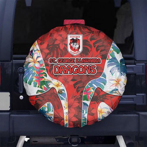 St George Illawarra Dragons Spare Tire Cover Tropical Hibiscus Floral Pattern With Red And White Accents