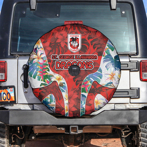 St George Illawarra Dragons Spare Tire Cover Tropical Hibiscus Floral Pattern With Red And White Accents