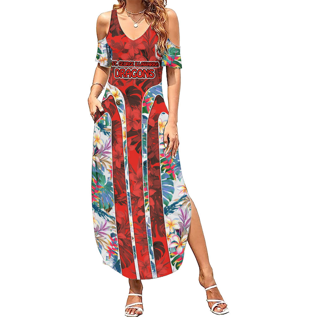 St George Illawarra Dragons Summer Maxi Dress Tropical Hibiscus Floral Pattern With Red And White Accents