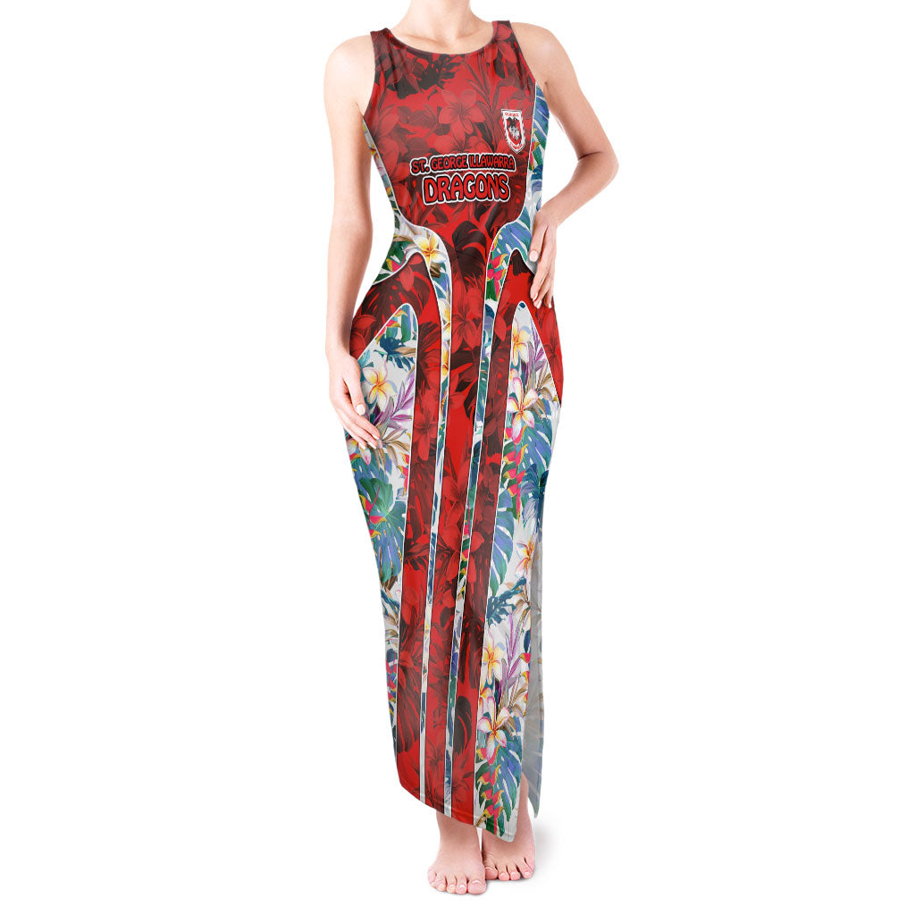 St George Illawarra Dragons Tank Maxi Dress Tropical Hibiscus Floral Pattern With Red And White Accents