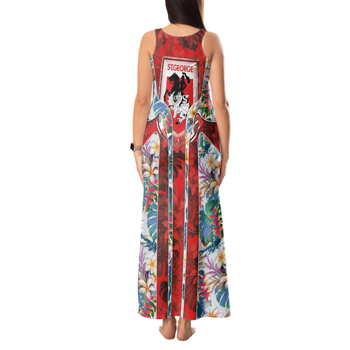 St George Illawarra Dragons Tank Maxi Dress Tropical Hibiscus Floral Pattern With Red And White Accents