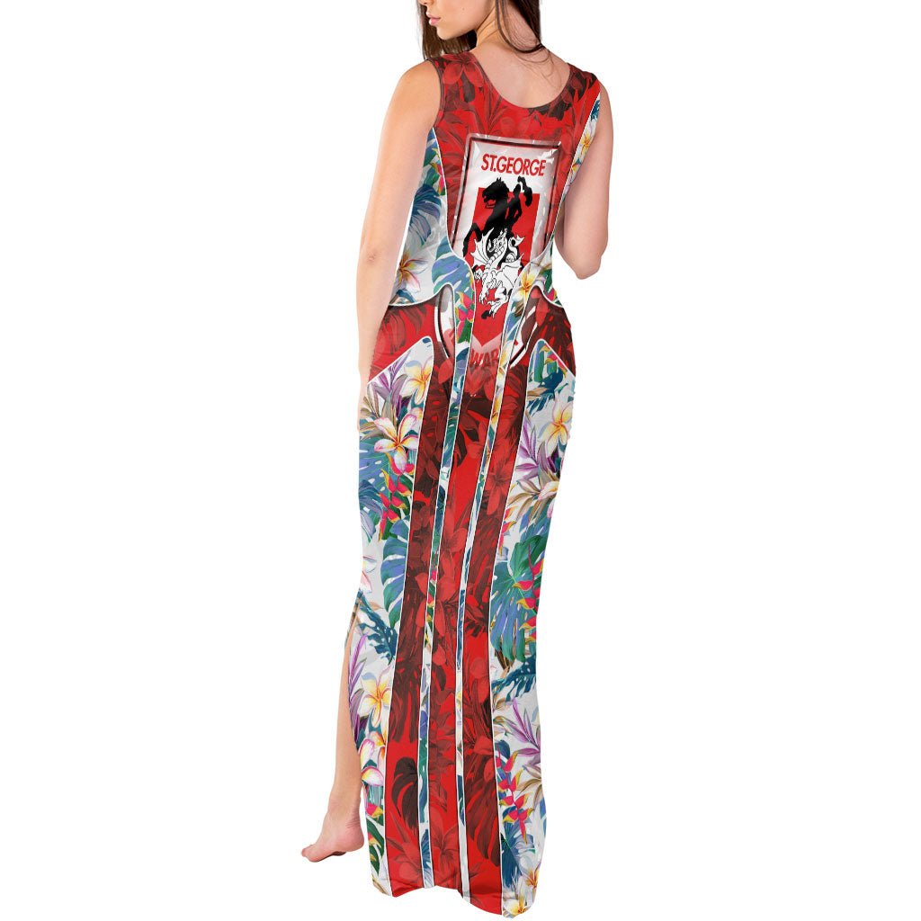 St George Illawarra Dragons Tank Maxi Dress Tropical Hibiscus Floral Pattern With Red And White Accents