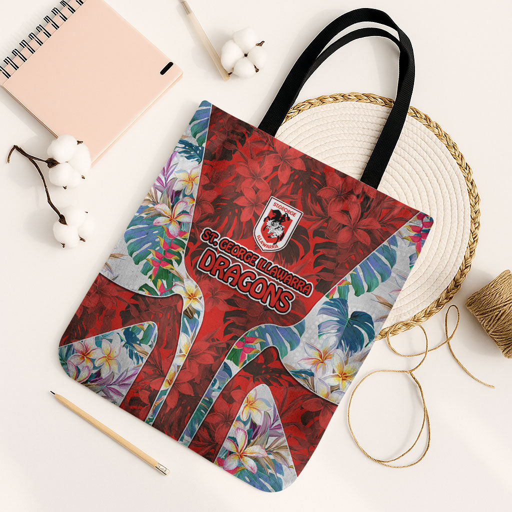 St George Illawarra Dragons Tote Bag Tropical Hibiscus Floral Pattern With Red And White Accents
