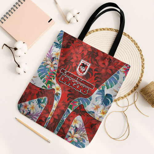 St George Illawarra Dragons Tote Bag Tropical Hibiscus Floral Pattern With Red And White Accents
