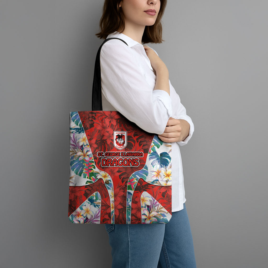 St George Illawarra Dragons Tote Bag Tropical Hibiscus Floral Pattern With Red And White Accents