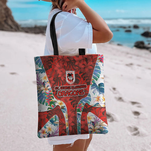 St George Illawarra Dragons Tote Bag Tropical Hibiscus Floral Pattern With Red And White Accents