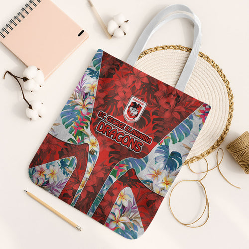 St George Illawarra Dragons Tote Bag Tropical Hibiscus Floral Pattern With Red And White Accents