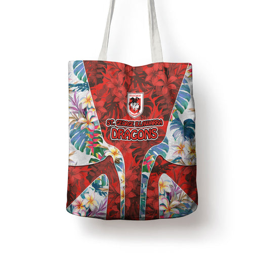 St George Illawarra Dragons Tote Bag Tropical Hibiscus Floral Pattern With Red And White Accents