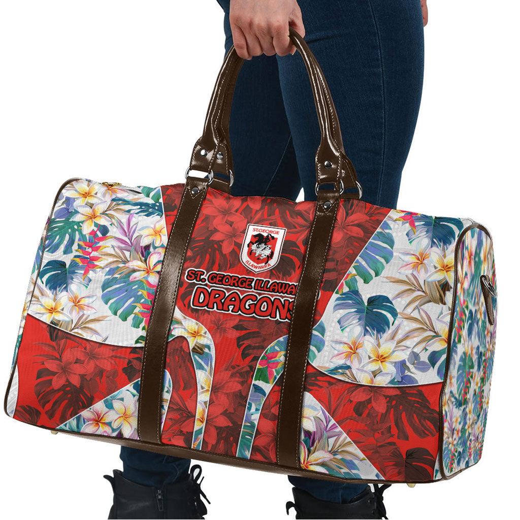 St George Illawarra Dragons Travel Bag Tropical Hibiscus Floral Pattern With Red And White Accents
