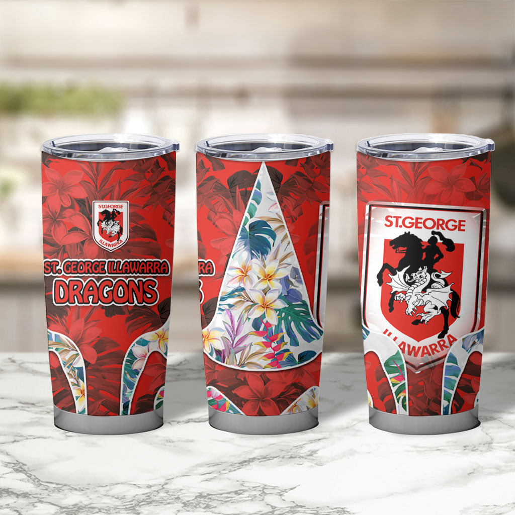 St George Illawarra Dragons Tumbler Cup Tropical Hibiscus Floral Pattern With Red And White Accents