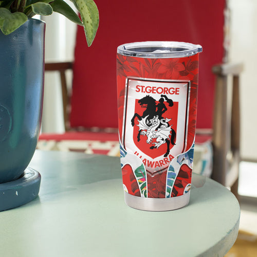 St George Illawarra Dragons Tumbler Cup Tropical Hibiscus Floral Pattern With Red And White Accents